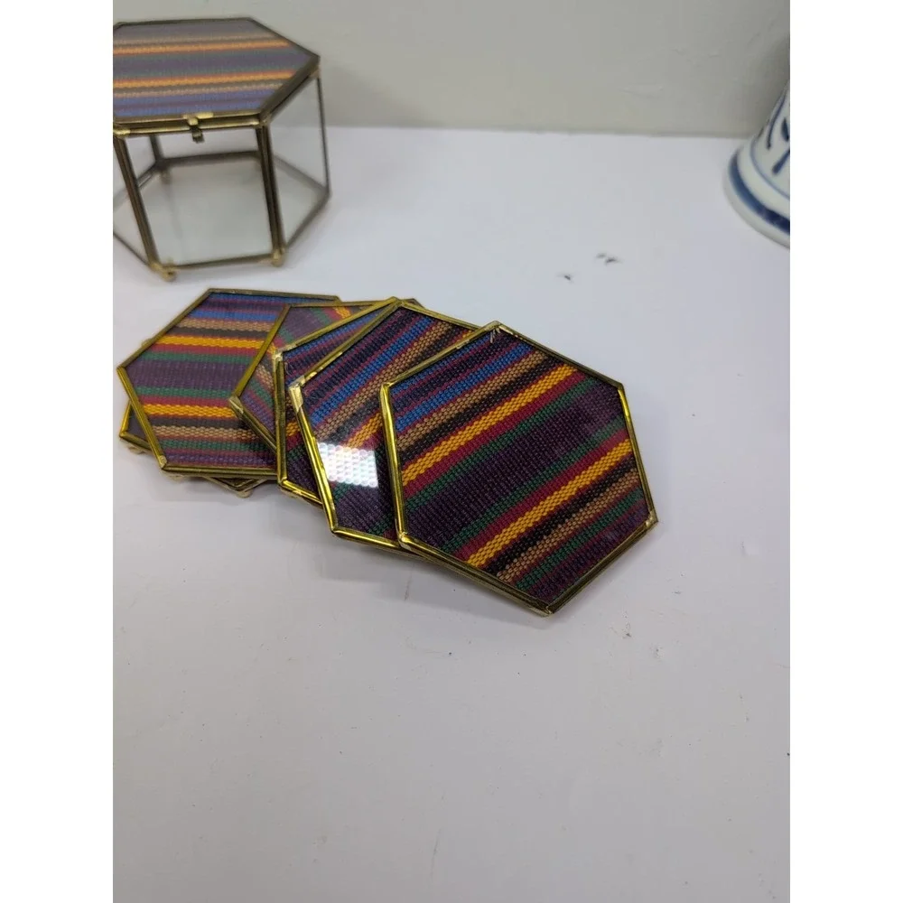 Elegant Glass Coasters In‎ Glass & Brass Case Multicolor Patchwork Set Of 6